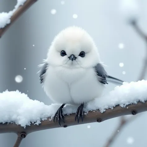 An albino long-tailed tit perched on a snow-covered tree branch; a small bird found in Hokkaido called the Japanese long-tailed tit; with round black eyes and a black triangular beak, part of the wing tip and tail feathers that are black, a perfectly round...