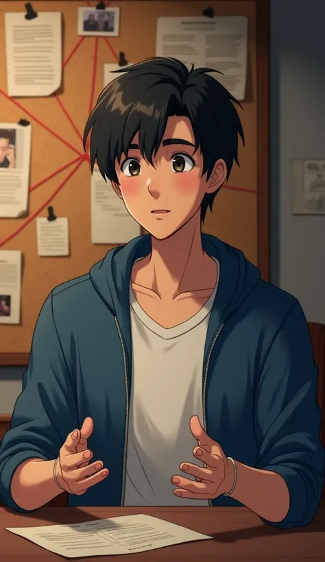 "A young animated man with black hair, wearing a blue jacket over a white t-shirt, sits at a table, gesturing with both hands as if explaining something. Behind him is a cork bulletin board filled with pinned notes, photos, and red string connections, rese...