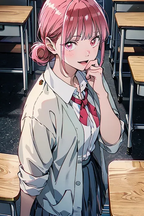 (from above:1.2,Best Quality),chono hina, Solo,pink hair, pink eyes, hair bun, anime screen shot, anime scene, pink cardigan, diagonal-striped bow, red ribbon, grey skirt, pleated skirt, collared shirt, white shirt, smirk, hand to own mouth, upper body, sc...