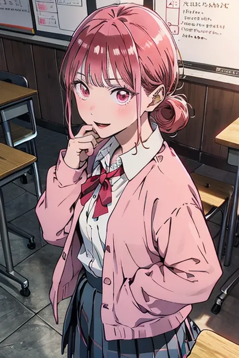 (from above:1.2,Best Quality),chono hina, Solo,pink hair, pink eyes, hair bun, anime screen shot, anime scene, pink cardigan, diagonal-striped bow, red ribbon, grey skirt, pleated skirt, collared shirt, white shirt, smirk, hand to own mouth, upper body, sc...