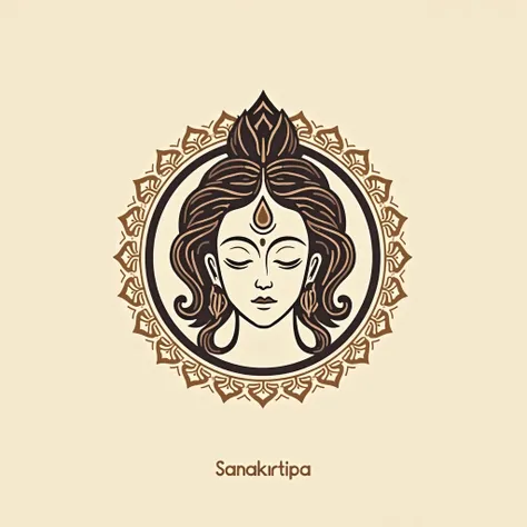 Simple logo design, symmetrical,  (stylized head illustration:1.2) with  (Sanskrit text:1.2) inside a circle, (ornamental border:1.2),  brown and black color palette, clean lines,  (flat design:1.2),  (graphic style:1.2), (spiritual design:1.1),  (decorati...