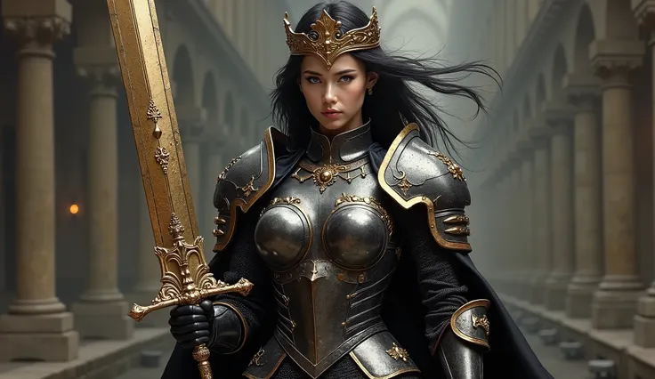 A very very beautiful and gorgeous,brave, and courageous zero figur shining six-pack abs muscular body and very Big and large round breast in Breast Black Armor with young warrior woman with blue eyes and long Black hair in hand Golden iron large, long and...