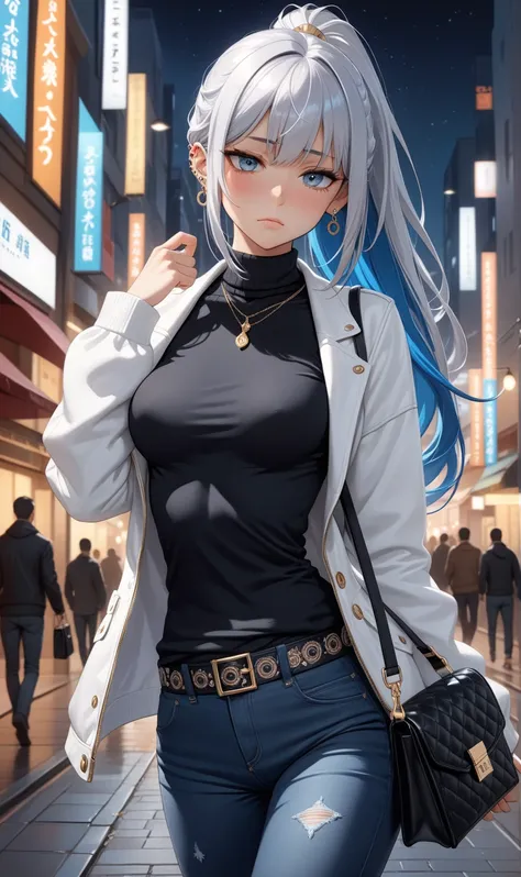 ((Random Sexy pose)), (Cute girl), ((Ultra detailing)), (very aesthetic, best quality, ultra detailed), intricate details, 1girl, silver hair, ponytail, Blue inner hair  ,((silver eyes)) ,((Detailed eyes)), ((Beautiful eyes)), ((prefect eyes)), sharp jawli...