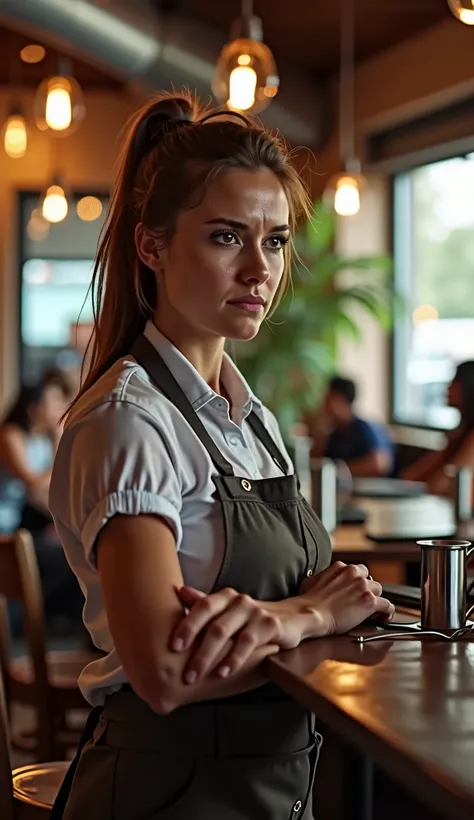 a 4k image of a 26-year-old American waitress looking crying sadly serving at a restaurant