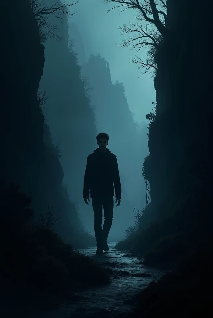 A young man moves through a dark valley while he is Larry and his eyes are fasting and the shadows protect him