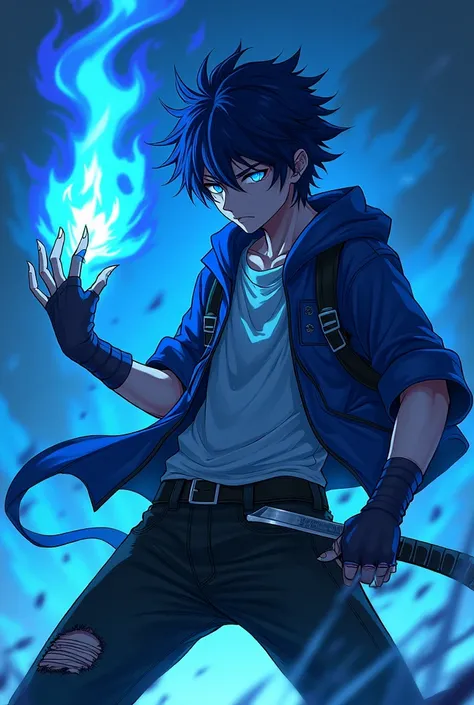 A blue-haired boy with torn black jeans, an open short-sleeved blue jacket with a hood and a blue left hand with claws, a blue right eye with a blue scar, a burning blue left eye, holds a blue fire katana and in the left hand arm creates blue fire, anime s...