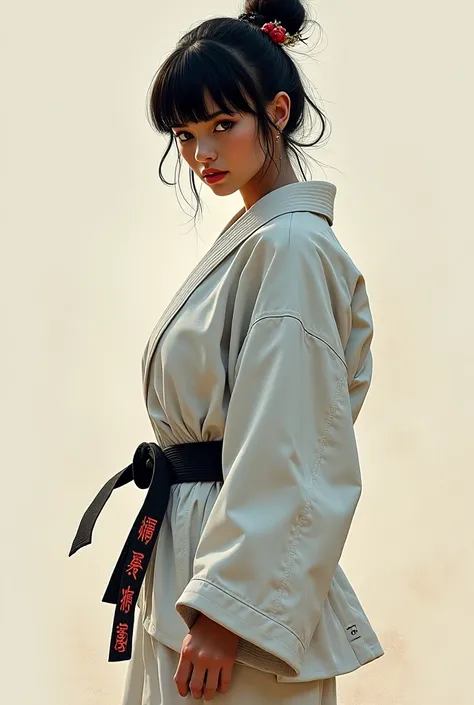 Create an image of a   , pele morena , with bangs, com Kimono Jiu Jitsu 