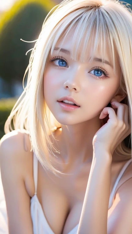 Very Beautiful Bright Blonde White Beautiful Girl 、 16-year-old perfect, ultimate, extraordinary beauty 、Extremely cute, beautiful face 、Very beautiful, very brightly pigmented baby, big white blue, big glowing eyes、bangs、 Super Long Platinum Blonde Silky ...