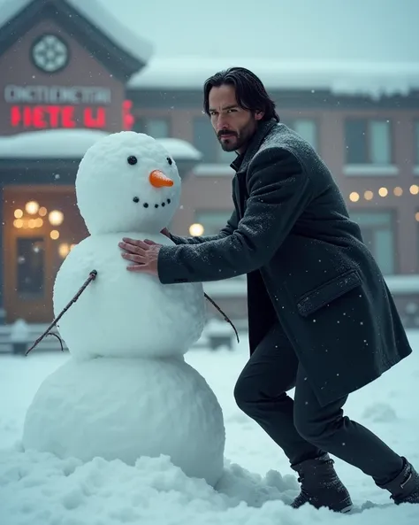 John Wick played by Keanu Reeves　I'm making a snowman in front of the Continental Hotel with a snowy landscape　 high resolution,  anatomically correct,  top quality,  smiles,  16k Octane , 