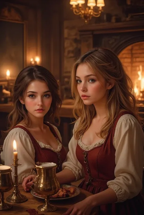  Medieval Tavern Girls Medieval Tavern,  beautiful detailed eyes,  lips with beautiful details,  extremely fine face and skin ,  long wave hair,  Medieval Dress , Medieval Tavern Decor , Candlelight, Sparkling Fireplace ,  Wooden Tables and Chairs ,  Medie...