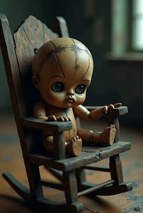 Visual: Focus on a small, wooden doll sitting in a
rocking chair. Its eyes seem to follow the camera.
Sound: A faint, like giggle