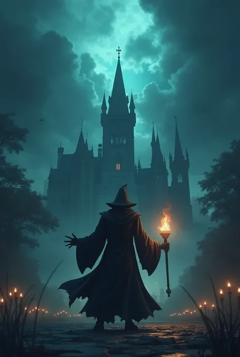 Create cinematic 3d cartoon style "The Evil Sorcerer Attacking the Kingdom – A dark and menacing sorcerer casting a powerful spell over the kingdom. The sky turns dark, and shadows creep over the palace as people flee in fear."