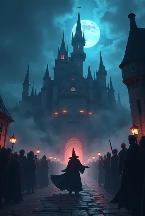 Create cinematic 3d cartoon style "The Evil Sorcerer Attacking the Kingdom – A dark and menacing sorcerer casting a powerful spell over the kingdom. The sky turns dark, and shadows creep over the palace as people flee in fear."