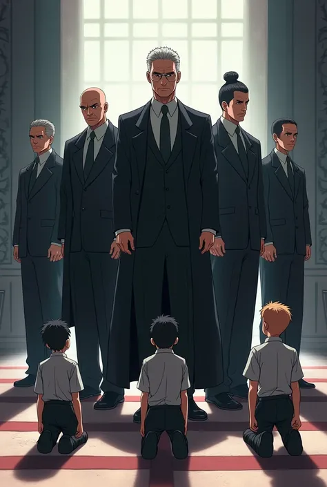 An anime picture of five men standing and five other boys bowing down to them.

