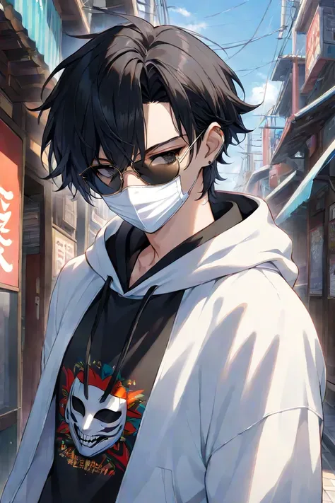 male、 black hair、Shorter than shoulders、 sunglasses、I'm wearing a white mask、 hoodie