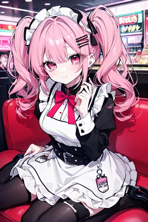  in the seat,  highly detailed faces at a pachinko parlor,  white skin, long eyelashes,  red lips,  pink eye,   medium hair ,  light pink hair ,  Medium Hair ,   twin tails,  curly hair ,  large accentuated breasts, Long sleeve maid outfit,  off shoulder, ...