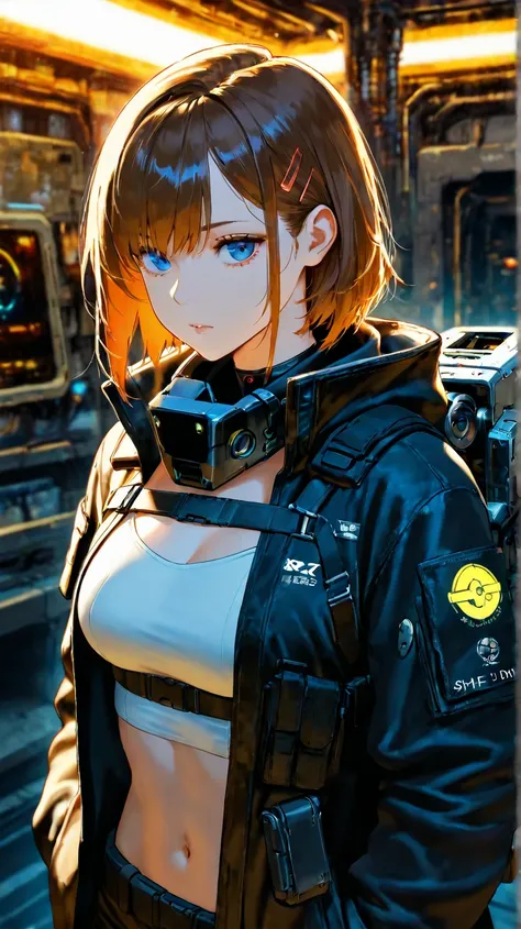 A futuristic anime-style character with shoulder-length, ash-brown hair and striking blue eyes. She is wearing a white crop top, paired with a sleek and modern tactical outfit, including a harness with metallic details. Over her outfit, she dons a high-tec...