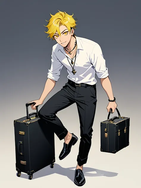 Boy, ( yellow hair), ( yellow eyes), ( white shirt, black pants, men's shoes ), ( playful look), (case with a necklace in hand)