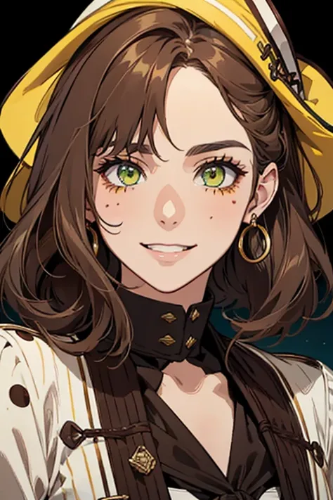  yellow-green eyes ,  natural chocolate brown hair , eyes, adult, to smile, , PIRATE, spots on the face