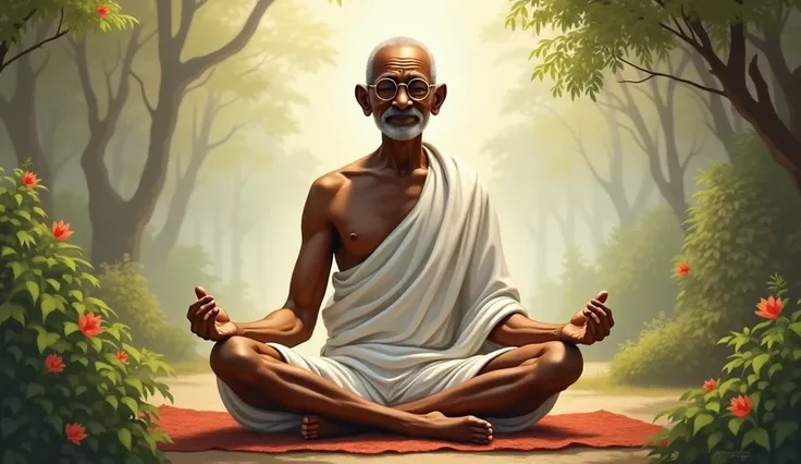 Gandhi meditating with a calm and focused expression, symbolizing self-reflection and inner peace.*