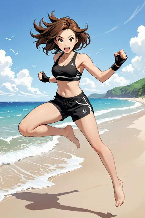 1girl, barefoot, jumping, gloves, fingerless_gloves, solo, shorts, beach, outdoors, brown_hair, black_shorts, sports_bra, black_sports_bra, 