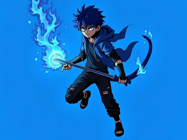 A blue-haired boy with torn black jeans, an open short-sleeved blue jacket with a hood and a blue left hand with claws, a blue right eye with a blue scar, a burning blue left eye, holds a blue fire katana and in the left hand arm creates blue fire, anime s...