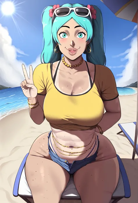 (anime art style:1.0), D-art art style, 2d, masterpiece, best quality, very aesthetic, absurdres, dynamic shadows, atmosferic, brazilian_miku, tanned skin, licht brown skin big lips, plump lips, 1girl, solo, aqua hair, (twintails), bangs, aqua eyes, big br...