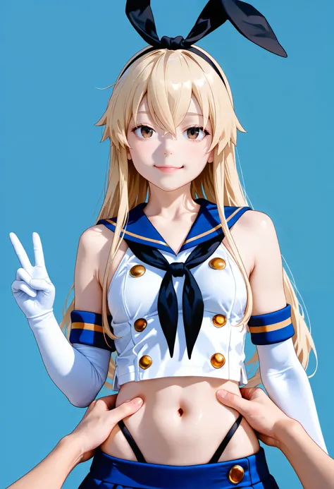 shimakaze(kantai collection),  super realistic photo   ,   RAW Photo   ,   realism, Unity Engine),break 1girl,  alone, Island Breeze、   brown eyes、 blondes,  long hair,   headbands  、 Black Ribbon,   blue sailor suit  , Holding hands in a sleeveless shirt ...