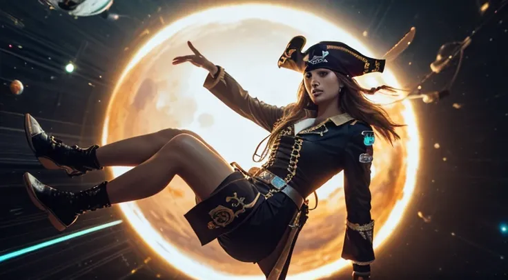 ((( a woman in a pirate costume floating through outer space))), (8k,  top quality). 完璧に beautiful woman, (( top quality質, 8k, Masterpiece: 1.3)),  beautiful woman,  female 1 person,  perfect beauty, 20 year old Japanese woman , ( is present: 1.4),  full b...