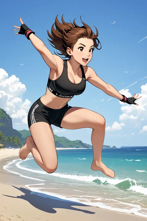 1girl, barefoot, jumping, gloves, fingerless_gloves, solo, shorts, beach, outdoors, brown_hair, black_shorts, sports_bra, black_sports_bra,