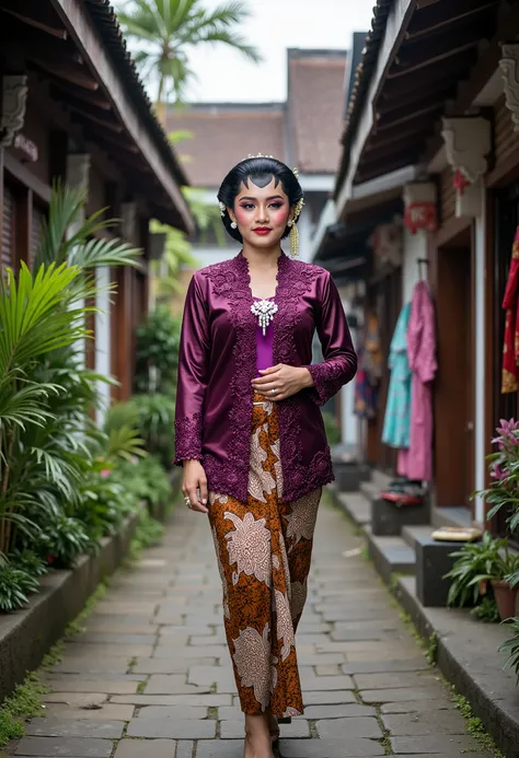 a beautiful young beautiful woman walks elegantly in a traditional Javanese village setting. She is wearing an intricate dark purple glossy satin kebaya with lace embroidery patterns along the front and sleeves, paired with a traditional brown and cream ba...