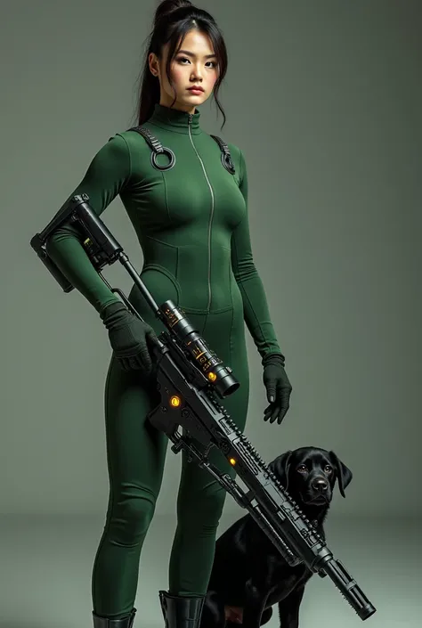 A stunning young woman, with a sharp and determined expression, stands poised, holding a large sniper rifle equipped with advanced, futuristic technology. Her attire is a sleek, form-fitting green outfit that seamlessly blends functionality with style, ref...