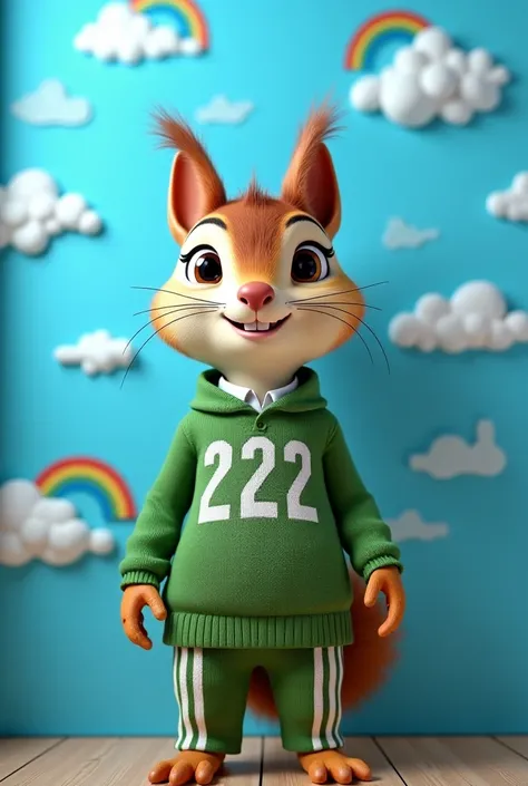  make me an image in the style of cinematic realism  " A squirrel woman wears a green sweater with a small number  " 222 " on the left side of the chest and a white shirt underneath ,  he wears simple green pants with 2 white stripes on the sides ,  where ...