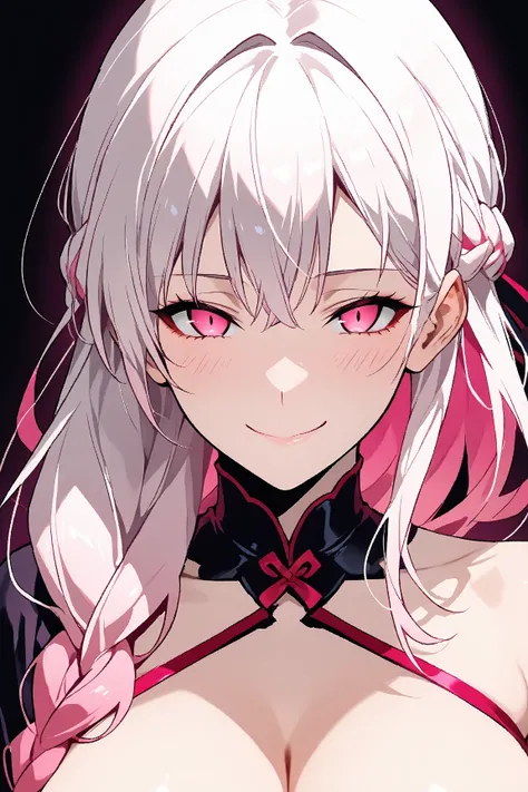 score_9, score_8_up, score_7_up, source_anime, beautiful, long hair, white hair, pink hair, multicolored hair, braid, pink eyes, light blush, black background, looking at viewer, close mouth, standing, NSFW, naughty smile, upper body, tease viewer, so horn...