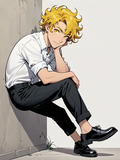 Boy, (yellow curly hair), ( yellow eyes), ( white shirt, black pants, men's shoes ), ( playful look), (he is leaning his shoulder against the wall)