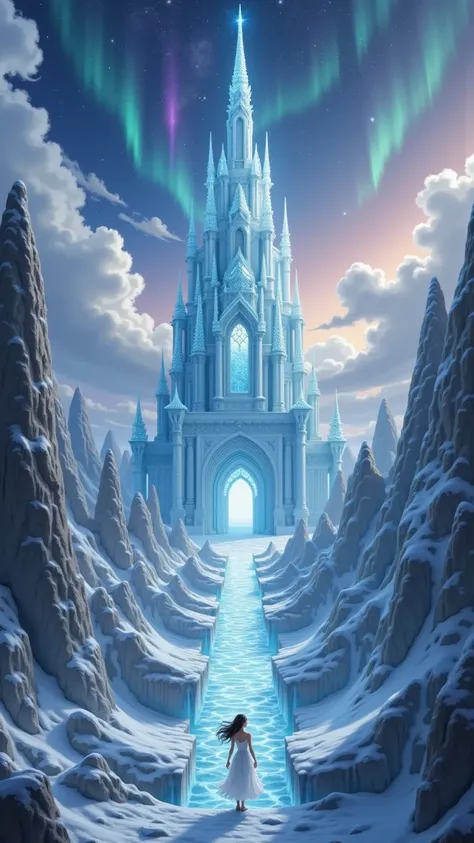 prompt: |
  An 18-year-old young girl stands at the edge of a celestial ice bridge, gazing up at the ethereal majesty of **Faishi Shrine (The Floating Celestial Ice Palace)**.  
  Suspended in the sky above a vast frozen expanse, the palace towers impossib...