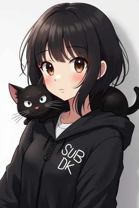 A young anime version , with short straight black hair running over the shoulder , dark brown eyes,with a lookout pose , with a black cat with white details on the shoulder,wearing a black jacket written SUB DO TK