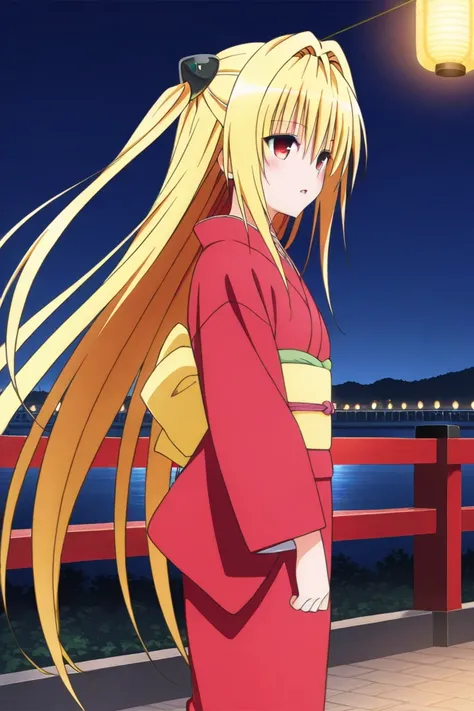 love-ru , konjiki na yami,  1girl ,  blond hair,  blush a lot ,  middle chest, in a red kimono,   with an expressionless face ,  doesn't have a very open mouth, eyebrows are hidden by hair,  floating hair ,  Hair between eyes ,  hair consumes ,  long hair,...