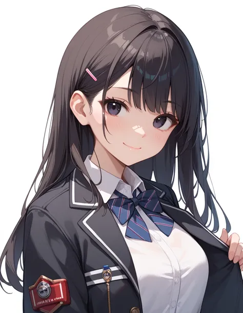 1girl, solo, long hair, 

claret hair, 

black eyes, bangs, blush, 
jacket, black jacket,
shirt, collared shirt, white shirt, 
bow, bowtie, 
upper body, looking at viewer, closed mouth, smile, school uniform, simple background, white background, 