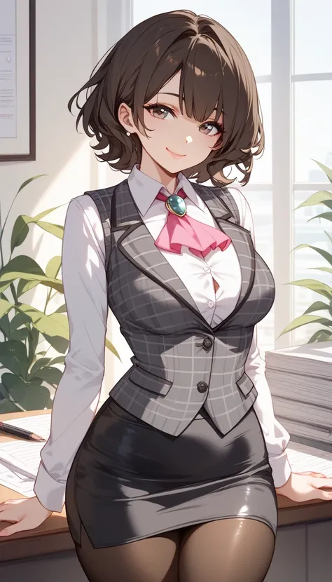 (Highest quality), (pretty girl:1.1), (1 girl、{(((Dark brown hair)))、short hair、straight Hair}、medium breasts、(Highest quality、Very detailed、Very detailed and beautiful、Ultra-high resolution) 、BREAK wearing a [[white and gray plaid pattern]] vest over a lo...