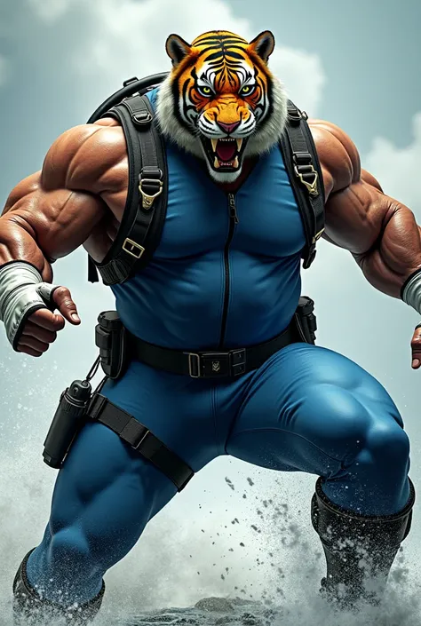 (A rugged beefy extremely muscular bulky old man), (wearing blue fully-zipped fullbody wetsuit), (wearing realistic roaring tiger mask),  attacking with kick, wearing bulky harness, wearing bulky scuba gear, muscular physique, toned muscles, fierce, heroic...