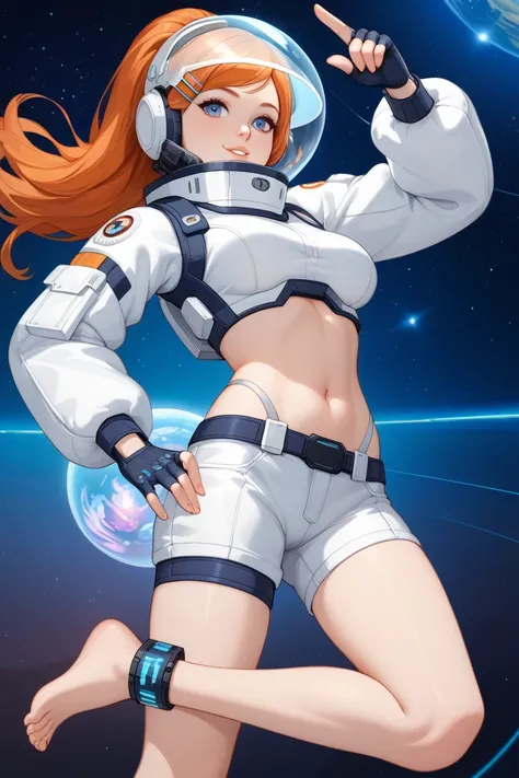 For an astronaut-inspired outfit for Orihime, keeping her navel and bare feet exposed, here’s a futuristic and sleek design that balances space exploration with elegance:

Top:

Cropped, form-fitting white or silver space suit top, exposing her navel.

Thi...