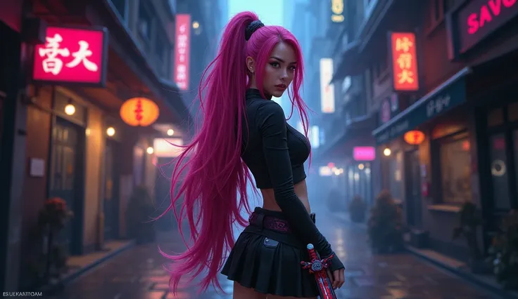 arafed woman with pink hair and a sword in a dark alley, cyberpunk art inspired by rossdraws, trending on Artstation, fantasy art, alena aenami and artgerm, ig model | artgerm, extremely detailed artgerm, ross tran 8 k, [ trending on cgsociety ]!!, katarin...