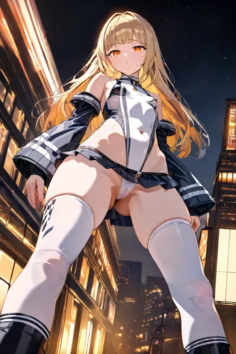 NSFW, Masterpiece, top quality, high resolution, very detailed, girl, Golden Hair , long hair, orange eyes , small tits,魔法 girl, leotard, high leg , shoulder out, micro mini skirt, detachable sleeves with crotch, knee-high socks, Night Hotel District