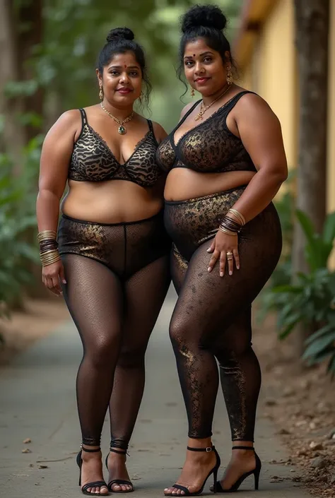 Two  50 year  old  desi Andhra  married womens looking at the viewer, glow  skin,wearing shiny glossy and reflective finish polyester plus size transparent   silk  leggings, panther design   on silk lacy  bra ,and zebra design on leggings., big Fat ass,wid...