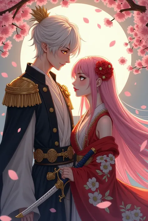 "A white-haired, golden-eyed young man wears an elegant traditional costume,  blending samurai and divine elements ,  with details in gold and black . His sword ,  with a golden blade and guard in the shape of wings , Reposes on her waist .  on its side,  ...