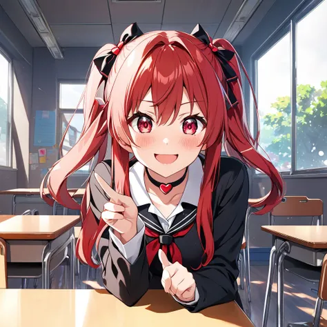 anime-style:1.9, bold mischievous anime girl:1.8, silver twin-tailed hair with black and red hair accessories:1.7, piercing crimson eyes with sharp highlights:1.6, confident smirk with blushing cheeks:1.8, white school uniform with black tie and heart-shap...