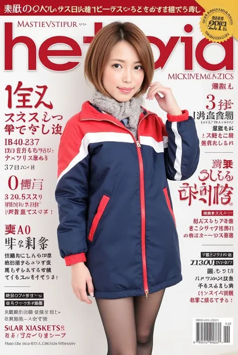 magazine cover(((best quality))),(((super detailed))),(((Masterpiece))),illustration,1 girl,detailed face,ok,smile,windbreaker,scarf,pantyhose,