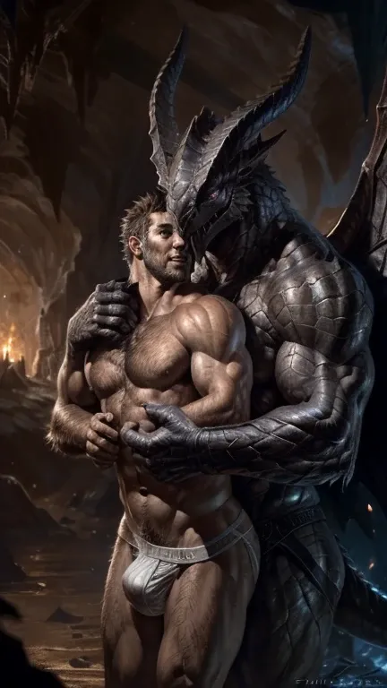 (duo), male bahamut and male human, by taran fiddler, [by null-ghost],  detailed beautiful eyes, romantic, detailed hands, detailed cock, cave, hugging, protective male, male in jockstrap,