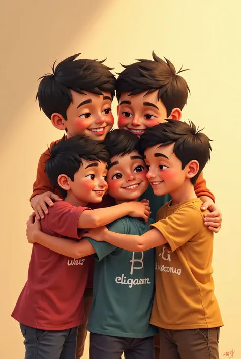 Create an image Four boys hugging Write Azaan on first boys shirt Moiz on second boy shirt Ahmed on middle boy shirt Saim on third boy shirt